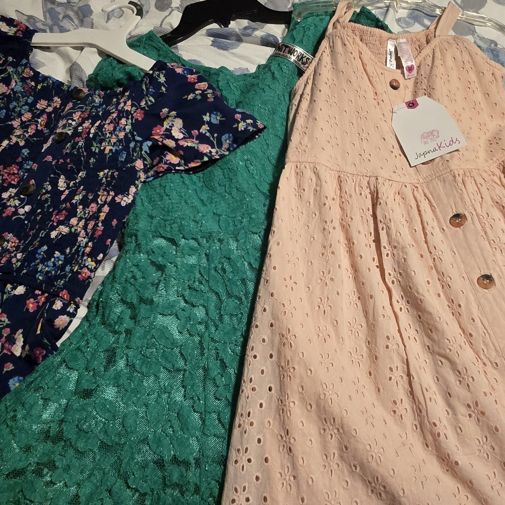 Girls' Floral Romper, Green Xmas Lace Dress And Pink Eyelet Dress With Buttons